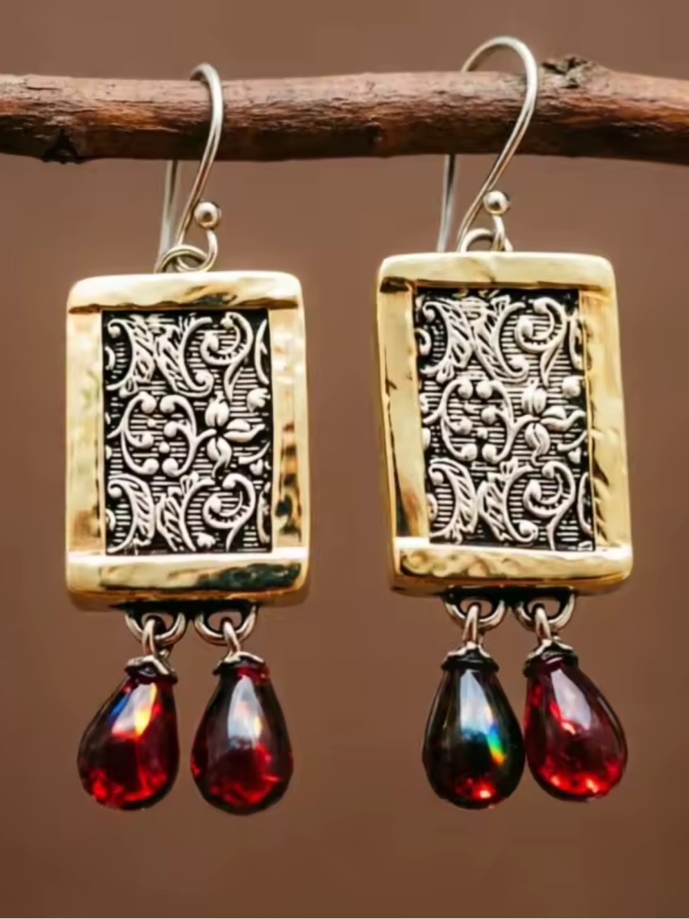 Vintage Artisan Gold-Trimmed Filigree Earrings with Red Teardrop Gems